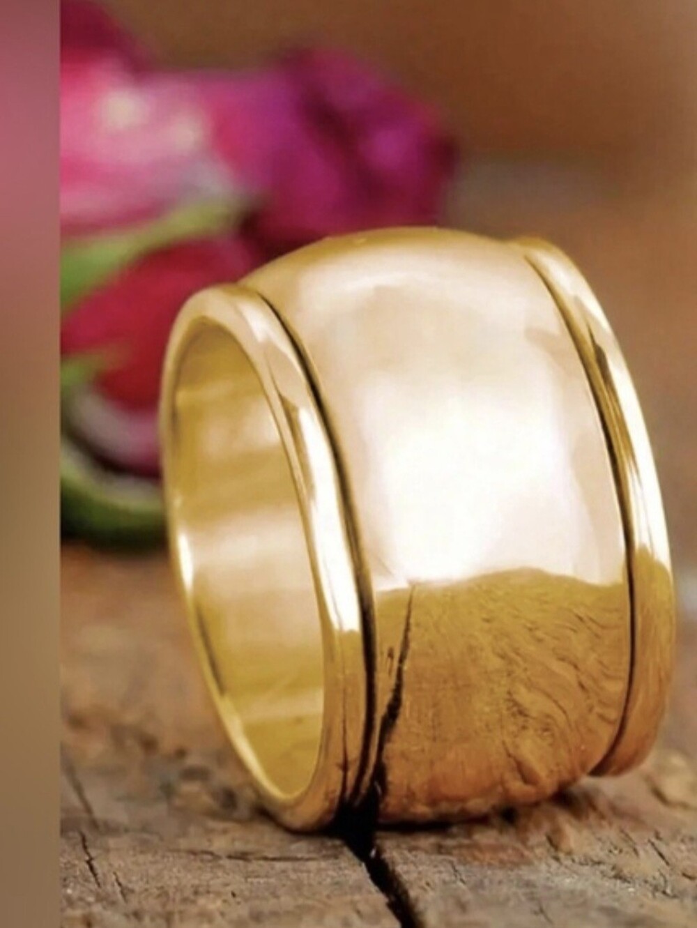 New Wide Band Smooth Polish Bright Gold Over Copper Chunky Cigar Band Ring